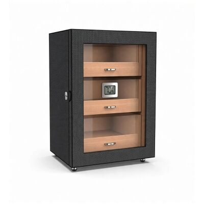 Camlı 3 Çekmeceli Puro Kutusu Humidor Karbon Desen 100's - 1