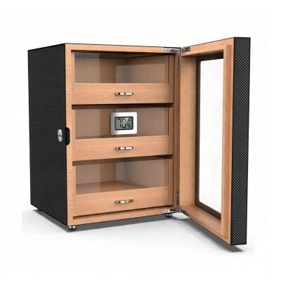 Camlı 3 Çekmeceli Puro Kutusu Humidor Karbon Desen 100's - 2