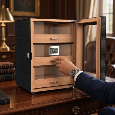 Camlı 3 Çekmeceli Puro Kutusu Humidor Karbon Desen 100's - 3
