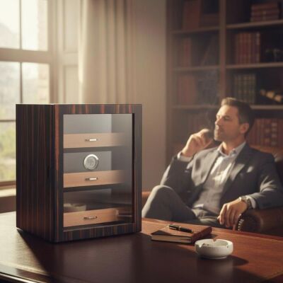 Cigarspa Elektronik Nemlendiricili Camlı 3 Çekmeceli Puro Kutusu Humidor Abanoz - 3