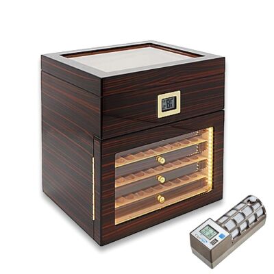 Cigarspa Elektronik Nemlendiricili Camlı 4 Çekmeceli Işıklı Puro Kutusu Abanoz 100's - 1