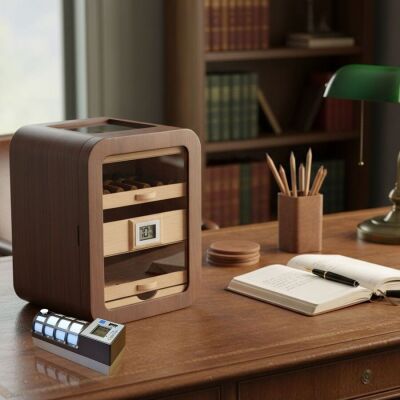 Cigarspa Elektronik Nemlendiricili Camlı 5 Çekmeceli Puro Kutusu Humidor Skylight Ceviz - 2