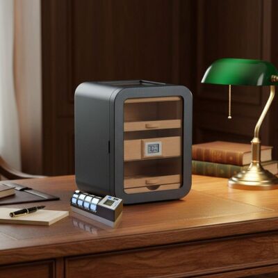 Cigarspa Elektronik Nemlendiricili Camlı 5 Çekmeceli Puro Kutusu Humidor Skylight Karbon Desen - 2
