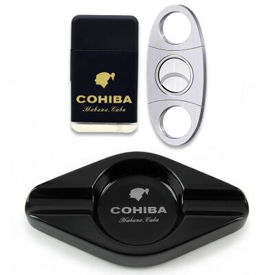 Cohiba Küllük Çakmak ve Metal Kesici Puro Aksesuar Seti Oval 2li - 1