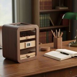 Elektronik Nemlendiricili Camlı 5 Çekmeceli Puro Kutusu Humidor Skylight Ceviz - CigarLoong (1)