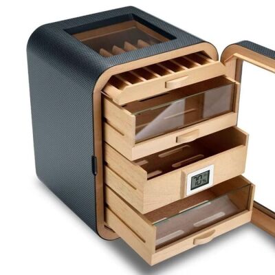Elektronik Nemlendiricili Camlı 5 Çekmeceli Puro Kutusu Humidor Skylight Karbon Desen - 5